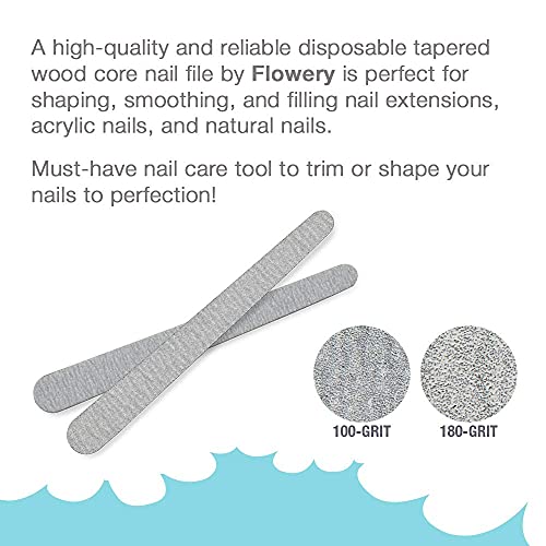 Flowery Disposable Nail File Wood Core 100/180 Grit, Silver, 100 Count