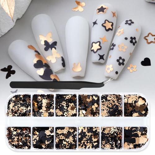 1 Box 2 Color Holographic Butterfly Hearts Nail Glitter Black Gold Nail Sequins 3D Star Flower Nail Flakes Sparkly Powder Flakes Shiny Nail Confetti Rabbits Chunky Glitter for Nails Art 12 Grids - color: Color 38