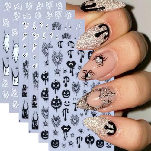 Halloween Nail Art Sticker Pumpkin Spider Web Nail Sticker 6Pcs French 3D Self-Adhesive Pumpkin Heart Spider Web Nails Decals French Flame Nail Supplies Accessories for Halloween Manicure Decoration - color: Pumpkin Spider Web