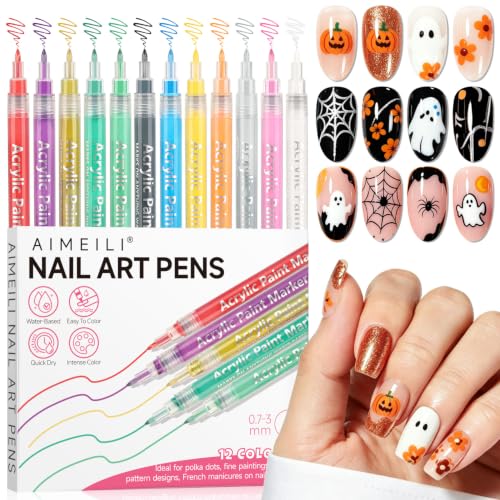 AIMEILI 12 Colors Nail Art Pens Set, Fine Tip Acrylic Paint Pens for Salon & Home DIY Nail Design, Dotting Drawing Liner Brush for Manicure, Nail Polish Art Decoration Kit 1 - color: VD-PEN01