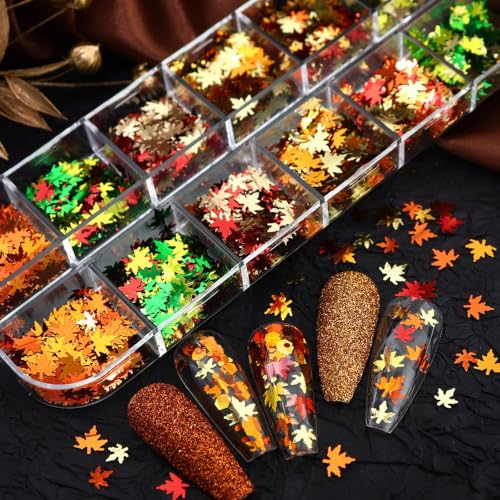 12 Grids Fall Maple Leaf Nail Glitter - color: Color 17