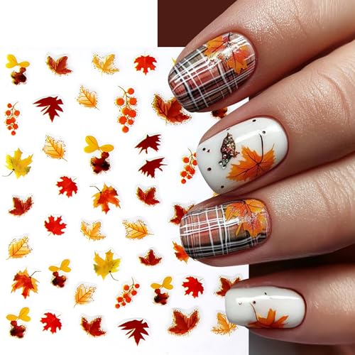 8 Sheets Autumn Maple Leaves Nail Stickers Glitter Pumpkin Nail Decals 3D Self-Adhesive Maple Leaf Nail Art Supplies Fall Ginkgo Leaf Stickers for Nails Thanksgiving Day Women DIY Manicure Decoration - style: ginkgo leaf