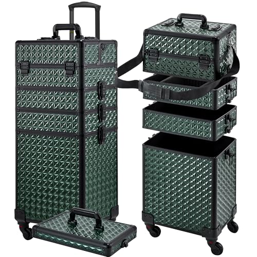 Rolling Makeup Case, Makeup Train Case with Lid, 5 in 1 Cosmetology Case on Wheels, Christmas Gift, Large Makeup Case Organizers, Profesional Cosmetic Case for Salon Barber,Black Green - color: Black Green
