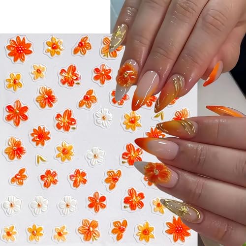 4sheets 5D Embossed Flower Nail Art Stickers Self Adhesive Fall Yellow Flowers Nail Stickers Autumn Orange White Daisy Nail Decals Orange Petal Daisies Nails Supplies for Women Manicure Accessories - style: orange flowers