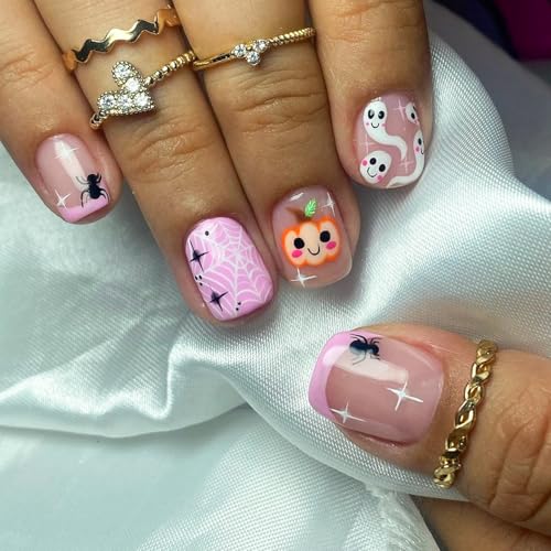 Halloween Pink Press on Nails Short Square Fake Nails Cute Little Ghost Pumpkin Designs False Nails Glossy Halloween Spider Web Bats Acrylic Nails Full Cover Stick on Nails for Women Manicure Decor - color: Style 12
