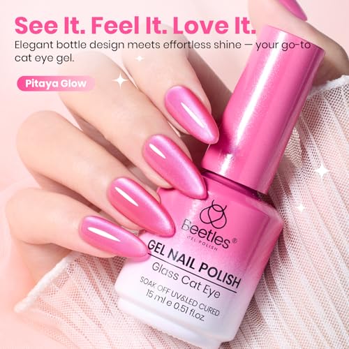 Beetles Hot Pink Cat Eye Gel Nail Polish - Pitaya Glow 15ML Full Size Glitter Pink Cat Eye Summer Gel Polish Magnetic Shimmer Effect Soak Off UV Nail Art Design Salon DIY Manicure Gift for Women - color: B - Hot Pink | Pitaya Glow