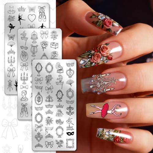 PH PandaHall 104 Patterns Ballet Theme Nail Stamping Plates 3pcs Bows Mirror Nail Design Stencil Crown Rose Nails Image Plates Candlestick Nails Art Stencils for Women DIY Party Manicures Salon Print - style: Ballet Theme