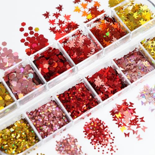 Fall Maple Leaf Nail Glitter Sequins Autumn Holographic Leaf Flakes 1 Box - color: W24