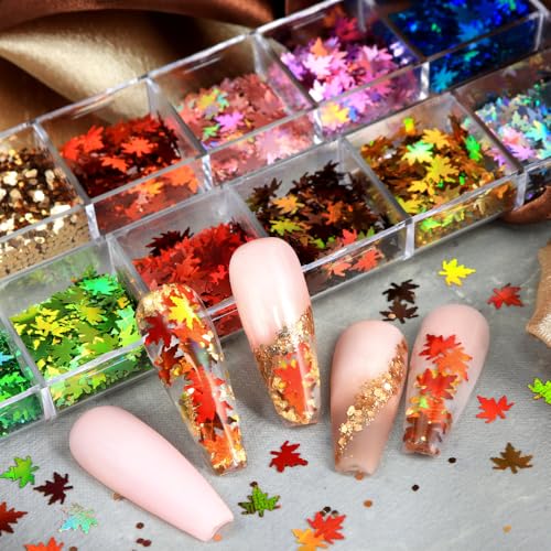 1 Box 12 Color Holographic Fall Leaf Nail Glitter Hexagonal Nail Sequins 3D Maple Nail Flakes Laser Aurora Gradient Glitter Flakes Iridescent Nail Art Glitter Shiny Nail Sequins Glitter for Nail Art - color: YHN25