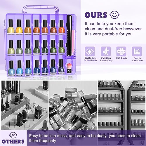 SUBAY 2 Pcs Portable Nail Polish Organizer, Clear Double Side Nail Polish Holder,Gel Nail Storage for 48 Bottles with 6 Adjustable Dividers in Each Side Space Saver Purple - size: 2 Pieces Purple