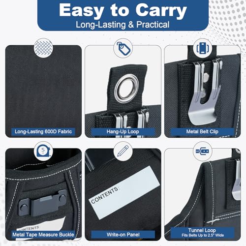 MELOTOUGH Nail and Screw Organizer Bag for Electricians and Carpenters, Tool Belt Pouch with Belt Clip, Heavy Duty Work Fastener Pouch - color: Black