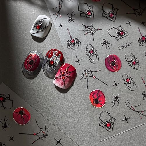 1Sheet Halloween Spider Nail Stickers for Nail Art Spider Web Nail Art Stickers 5D Embossed Halloween Nail Decals with Crystal Red Spider Web Nail Designs Manicure Decor for Women Manicure Supplies - style: spider web