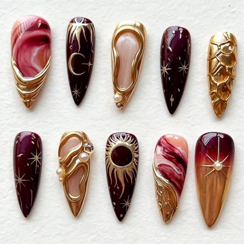 Long Stiletto Press on Nails Red Gold Moon Star Fake Nail 30pcs