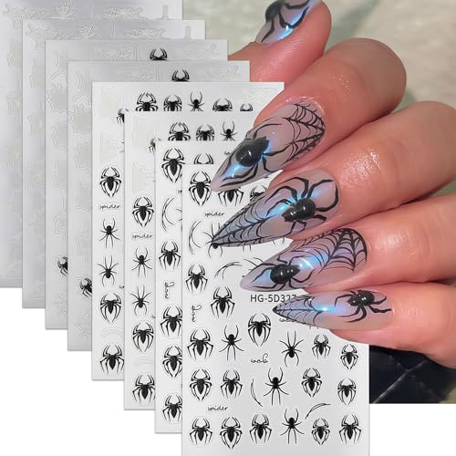 8 Sheets Halloween Nail Art Stickers Spider Nail Decals 3D Self-Adhesive Black and White Spider Web Spiders Nail Sticker Halloween Holiday DIY Salon Manicure Decoration Stickers for Women - style: Cute