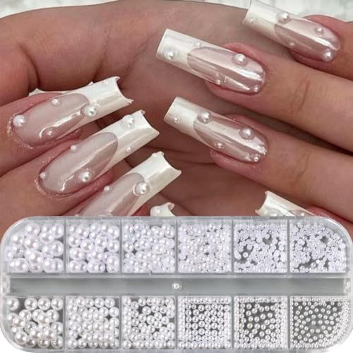 12 Grids White Pearl Nail Art Charms Multi Size Round and Half Round Pearls