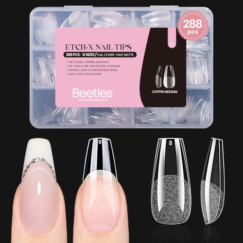 Beetles Etch-X Medium Coffin Gel Nail Tips, 288 Pcs, 12 Sizes