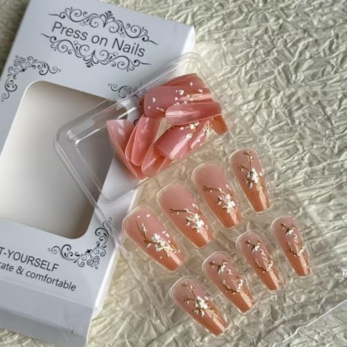 Long Coffin Press on Nail Flower Fake Nails Pink Nude Gradient Press ones with Gold Foil designs Acrylic Stick on Nail Glossy Full Cover Spring Summer Glue on Nails for Women Nail Supplies24pcs - color: style34
