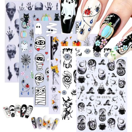 6Sheets Halloween Nail Art Stickers Ghost Spider Web Pumpkin Design - color: Colorful