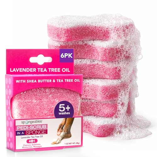Spongables Pedi Scrub Foot Exfoliating 5+ Wash Travel Sponge, Lavender, 6 Count - color: Lavender Tea Tree Oil, size: 1 Count (Pack of 6)
