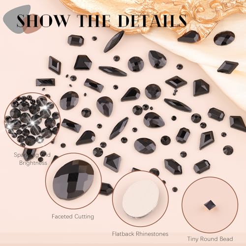 2060Pcs Black Glass Nail Rhinestones 60Pcs Multi Shapes Flatback Nail Gems + 2000Pcs 1.5-4mm Round Crystal, Manicure Nail Charms Diamond Gemstones for Acrylic Nails Decoration - color: 26 Black Crystal, size: 1 pack