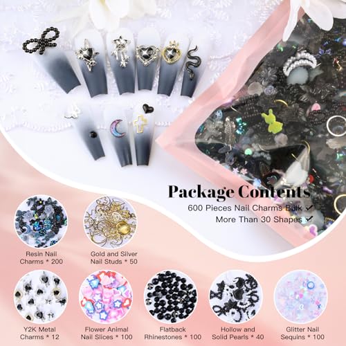 650PCS Cute 3D Resin Nail Charms and Gems Black Flower Bow Butterfly Charms - color: Black