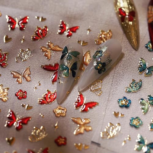 5D Embossed Butterfly Nail Art Stickers Red Hot Gold Butterflies Nail Decals Flower Heart Nail Design Stickers Self Adhesive Star Nail Art Supplies Spring Nail Stickers for Women Nail Art Decoration - style: Butterfly Nail Stickers-5