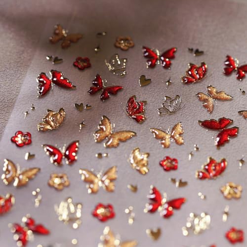5D Embossed Butterfly Nail Art Stickers Red Hot Gold Butterflies Nail Decals Flower Heart Nail Design Stickers Self Adhesive Star Nail Art Supplies Spring Nail Stickers for Women Nail Art Decoration - style: Butterfly Nail Stickers-5