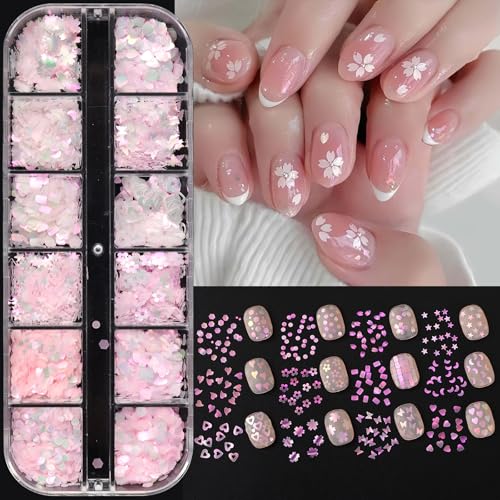 Spring Flower Nail Glitters Pink Glitter Cherry Blossom Heart Nail Sequins Set of 12 Boxes, Elegant Mini Floral Butterfly Nail Decor Accessories 3D Flower Nail Decals Holographic Glitters for Women - color: Cherry Blossom Heart