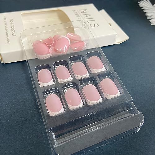 White French Tip Press on Nails Short Square Fake Nails Glossy Pink False Nails with Glue on Nails Reusable Full Cover Stick on Nails Acrylic Artificial Nails for Women DIY Nails Art Decoration