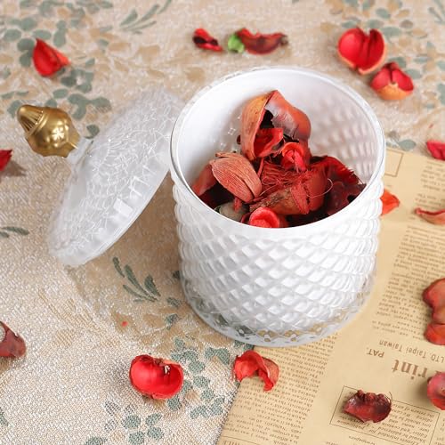 Joeyan 18oz White Glass Jars with Lid,Embossed Candy Dishes,Diamond Faceted - color: White