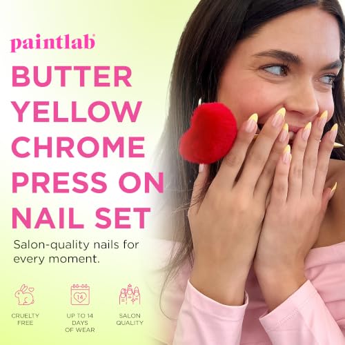 PaintLab Butter Yellow Chrome Press On Nails, Medium Almond, 30pcs Nail Kit - color: Butter Yellow Chrome