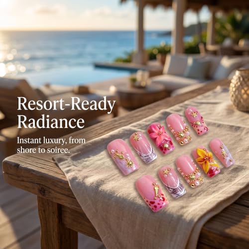 Press on Nails Medium Coffin Pink 3D Flower Handmade False Nalis - color: style18