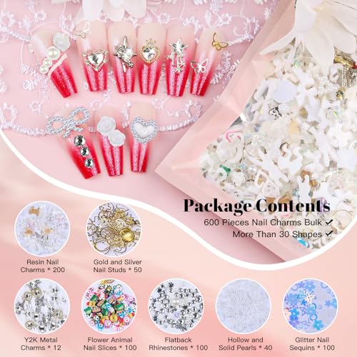 650PCS Cute 3D Resin Nail Charms and Gems White Flower Bow Butterfly Charms - color: White