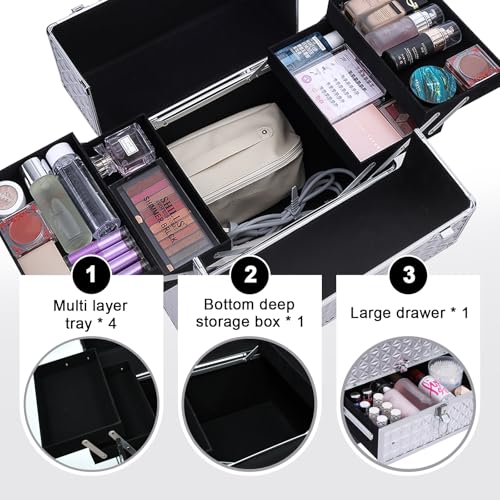TOPACK 3-In-1 360°Rotaing Rolling Makeup Train Case with Trolley/Drawer - color: silver, size: medium
