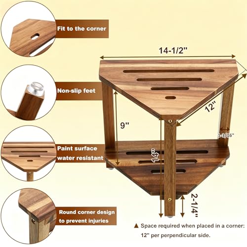 IBosins Corner Shower Stool 14in Small Bench Storage Shelf Natural Finish - color: Natural Finish, size: 14 Inch, style: 2-Tier