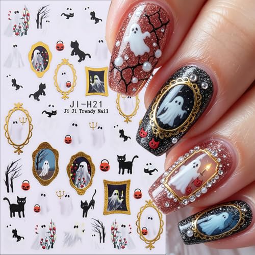Halloween Nail Art Stickers Cute Ghost Black Cat Gold Nail Decals, 6 Sheets - color: Multicolor-05
