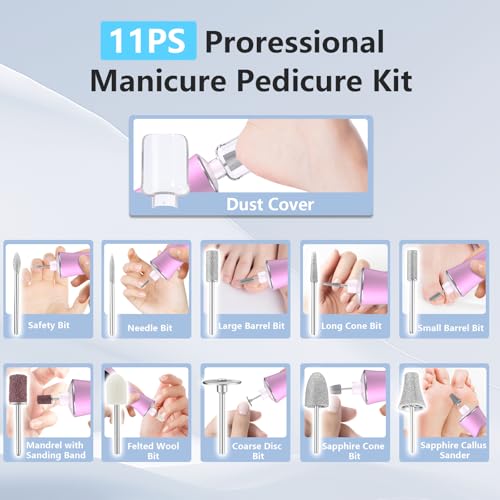 Electric Nail File Drill Cordless 2000 mAh Rechargeable 10-Speed Nail Filer - color: Purple