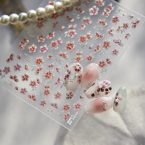 1 Sheet 5D Embossed Flower Nail Art Stickers Self-Adhesive Spring Summer Cherry Blossom Nail Decals Floral Nail Art Stickers Cherry Blossoms Nails Supplies Shiny Ombre Floral Nails Art Decoration - style: gradient peach blossom