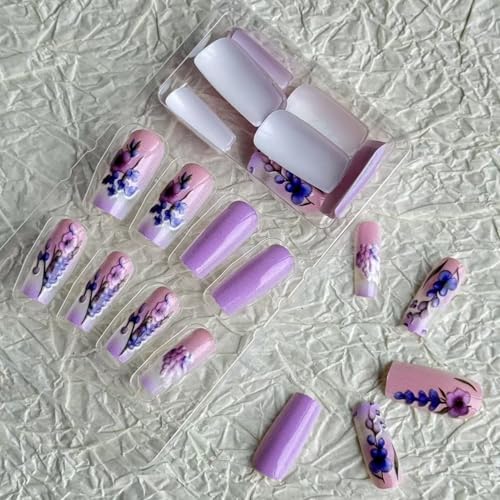 Flower Press on Nail Long Square Fake Nails with Purple Pink Gradient Stick on Nail designs Acrylic Press ones Glossy Full Cover 3D False Nails Reusable Glue on Nails for Women 24pcs - color: styles36