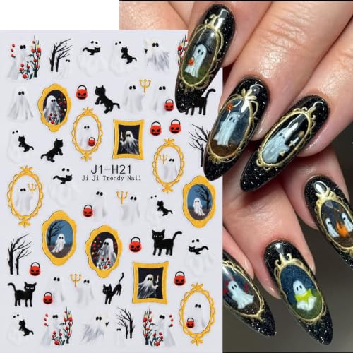 Halloween Nail Art Stickers Cute Ghost Black Cat Gold Nail Decals, 6 Sheets - color: Multicolor-05