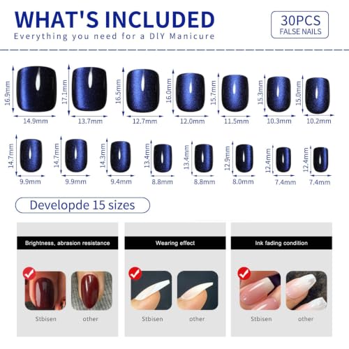Dark Blue Press On Nails Square, Short Cat Eye Fake Nails - color: M01-Midnight Mirage