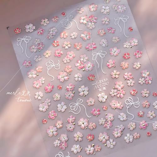 5D Embossed Pink Small Flowers Nail Stickers for Nail Art Self-Adhesive White Bow Nail Decals Spring Flowers Nail Design Stickers with Gold Stamen Nails Supplies Cute Nail Art Decals for Women DIY - style: 5D Embossed Nail Stickers-6