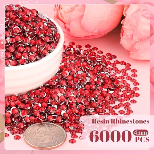 6000PCS 4mm Resin Rhinestones Bulk for Crafting (Red), Flatback Bedazzling Crystals for Crafts DIY Nail Decoration, Gems Charms for Tumbler Shoes Clothing Fabric with Pickup Pen and Tweezers - color: B06 Resin Rhinestones (Red), size: 4mm