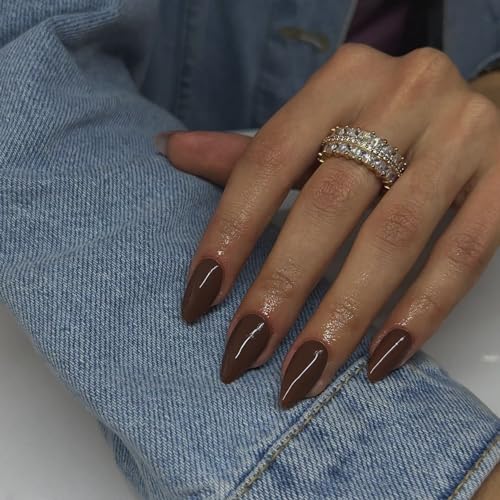 Brown Almond Shaped Nails, Medium Length, 24pcs Press On False Nails, Reusable, No UV Light Needed - color: glossy brown