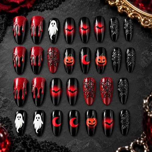 Halloween Press on Nails Medium Almond, Red and Black Gothic False Nails 30Pcs - color: halloween-design16