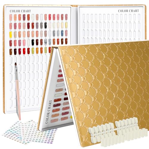 308 Nail Colors Chart with 360 Nail Tips Professional Nail Swatches Book Nail Gel Polish Display Card Book with Gel Nail Brush and Number Sticker for Nail Salons (Gold, one size) - color: Gold