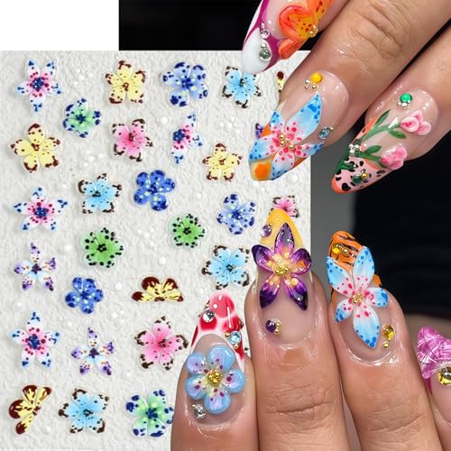 6Sheets Colorful Flower Nail Art Stickers 5D Micro Embossed Hawaiian Flowers Nail Decals Lily Hibiscus Floral Nail Design Tropical Flower Manicure Supplies Summer Floral Nail Accessories for Women - style: hawaiian flowers