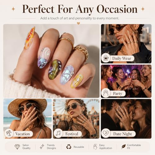 10pcs Handmade Press On Nails Almond, Color Gradient Fake Nails With 3d Silver Rivets, Swirl & Polka Dot Texture, Glossy Y2k Reusable False Nails For Women Salon‑Grade Nail Art(Size S) - color: DXR-309, size: S