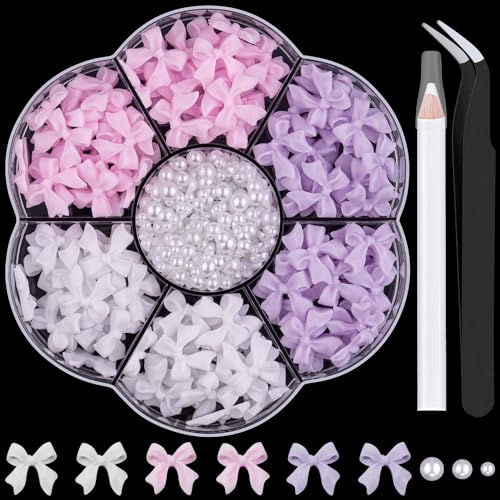 1 Box 3D Bow Charms and Flatback Pearls Set 3, 120 Pcs Cute Bow Charms for Design + 2-4mm White Pearls With Pickup Tweezer and Pencil for Nail Art Decoration - color: Style A - Pink White Lilac