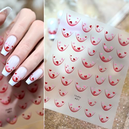 1 Sheet Valentine's 5D Embossed Nail Art Stickers Romantic Pink Red Petite Heart Nail Decals Red Pink Love Pink Valentine's Nail Designs Red Gradient French Tips Nail Supplies for Women DIY Manicure - style: mini heart-shaped